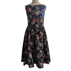 NWT Lindy Bop Floral Midi Dress Women M Black Multi Fit Flare Cottagecore Retro